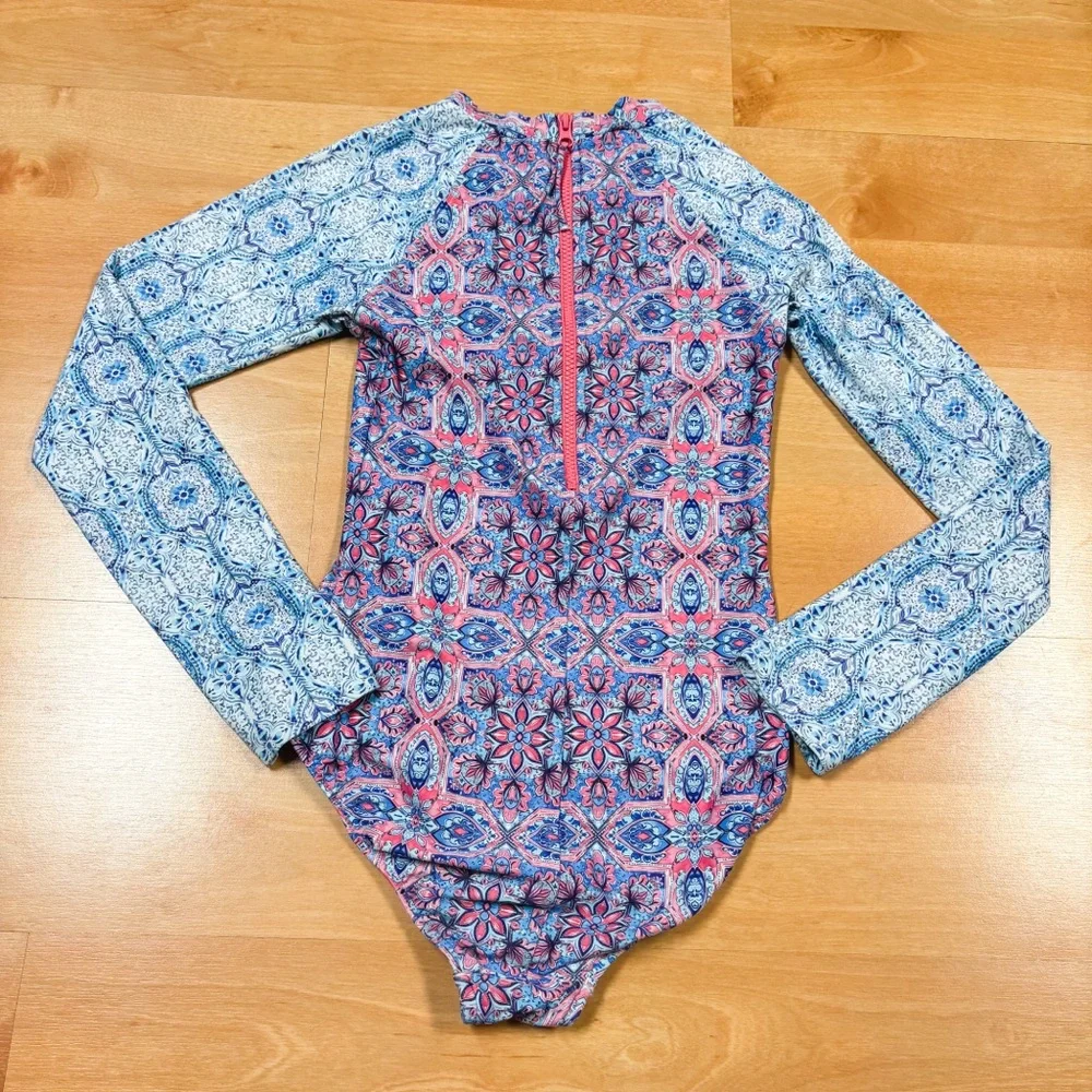Seafolly Blue Pink & Purple Boho Tile Long Sleeve Rashguard 1 Piece Size 14